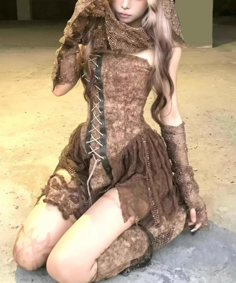 Enchanted Forest Fairy Grunge Distressed Lace-Up Corset Top & Skirt Set – Halloween & Ren Faire Ready