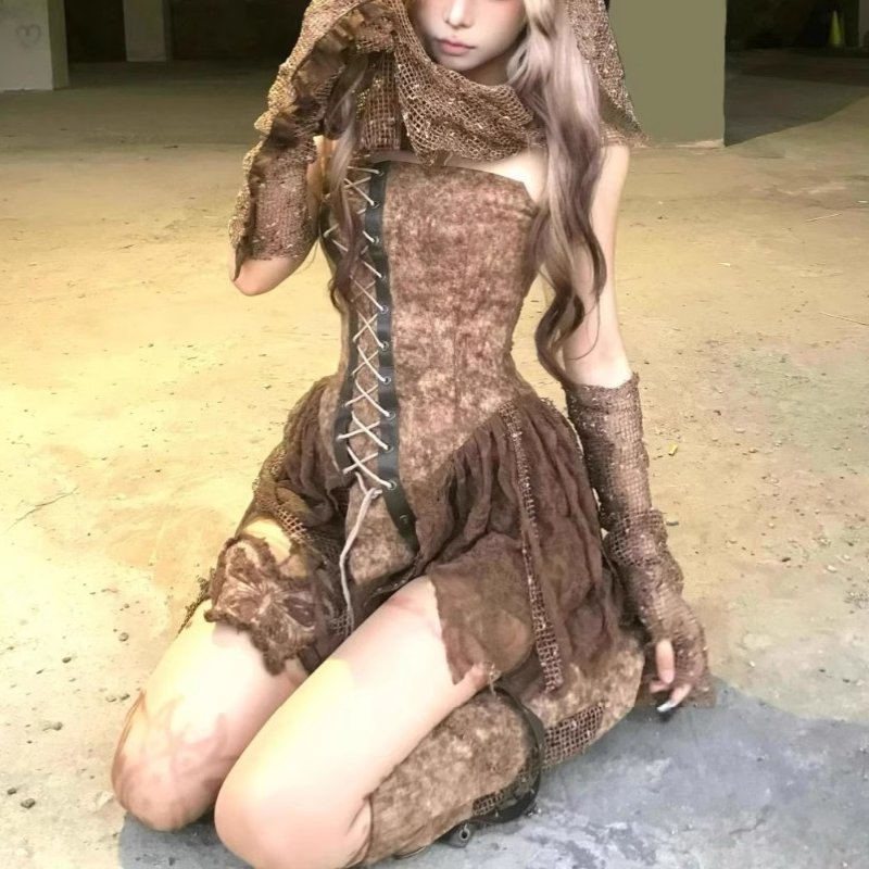 Enchanted Forest Fairy Grunge Distressed Lace-Up Corset Top & Skirt Set – Halloween & Ren Faire Ready