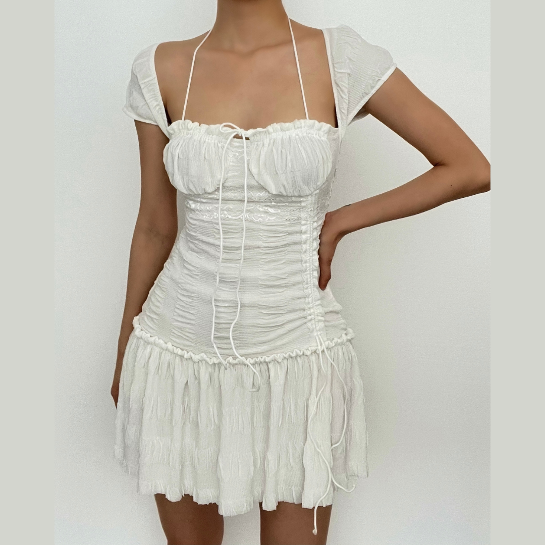 Dreamy White Ruched Mini Dress | Halter Neck Textured Resort & Vacation Essential