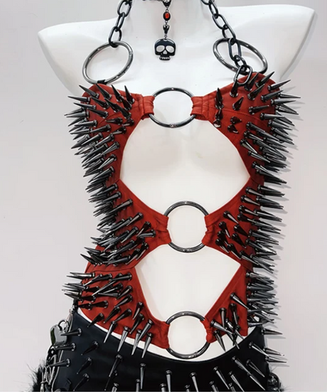 Crimson Spiked O-Ring Harness Top - Edgy Halloween & Fall Party Statement