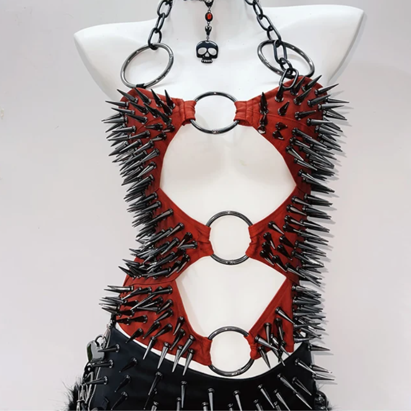 Crimson Spiked O-Ring Harness Top - Edgy Halloween & Fall Party Statement