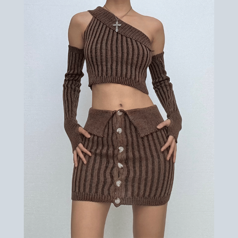 Fall's Must-Have: Chic Chocolate Ribbed Knit Asymmetrical Crop Top & Mini Skirt Set with Arm Warmers