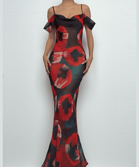 The 'Obsidian Poppy' Sheer Maxi Dress - Off-Shoulder Glamour for Fall & Holiday Events