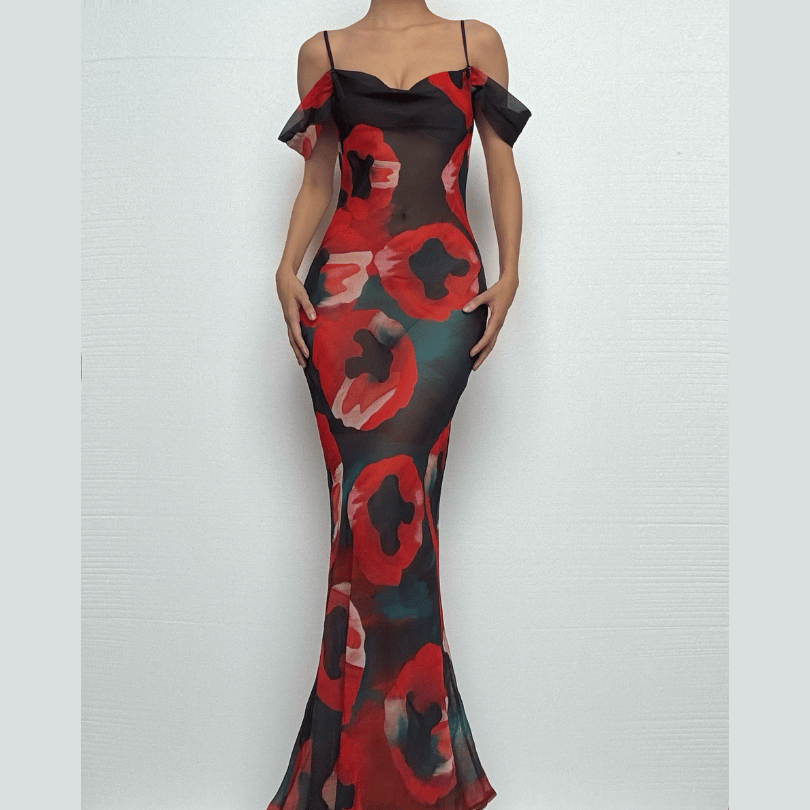 The 'Obsidian Poppy' Sheer Maxi Dress - Off-Shoulder Glamour for Fall & Holiday Events