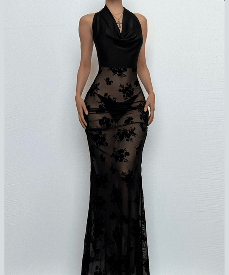 Sultry Bloom Black Sheer Maxi Dress - Halter Cowl Neck for Fall & Holiday Nights