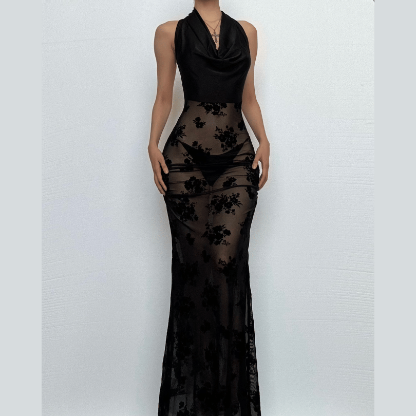 Sultry Bloom Black Sheer Maxi Dress - Halter Cowl Neck for Fall & Holiday Nights