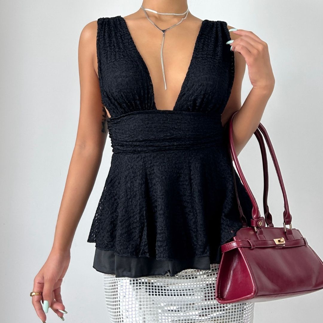 Sultry Black Lace Deep V Peplum Top | Fall & Holiday Party Perfect