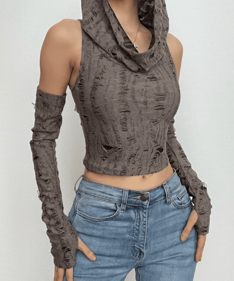 Edgy Distressed Hooded Crop Top & Arm Warmer Set - Grunge Y2K Fall Fashion
