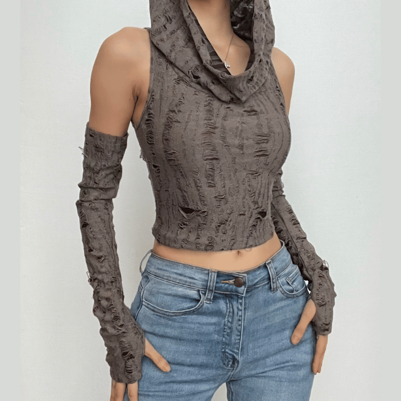 Edgy Distressed Hooded Crop Top & Arm Warmer Set - Grunge Y2K Fall Fashion