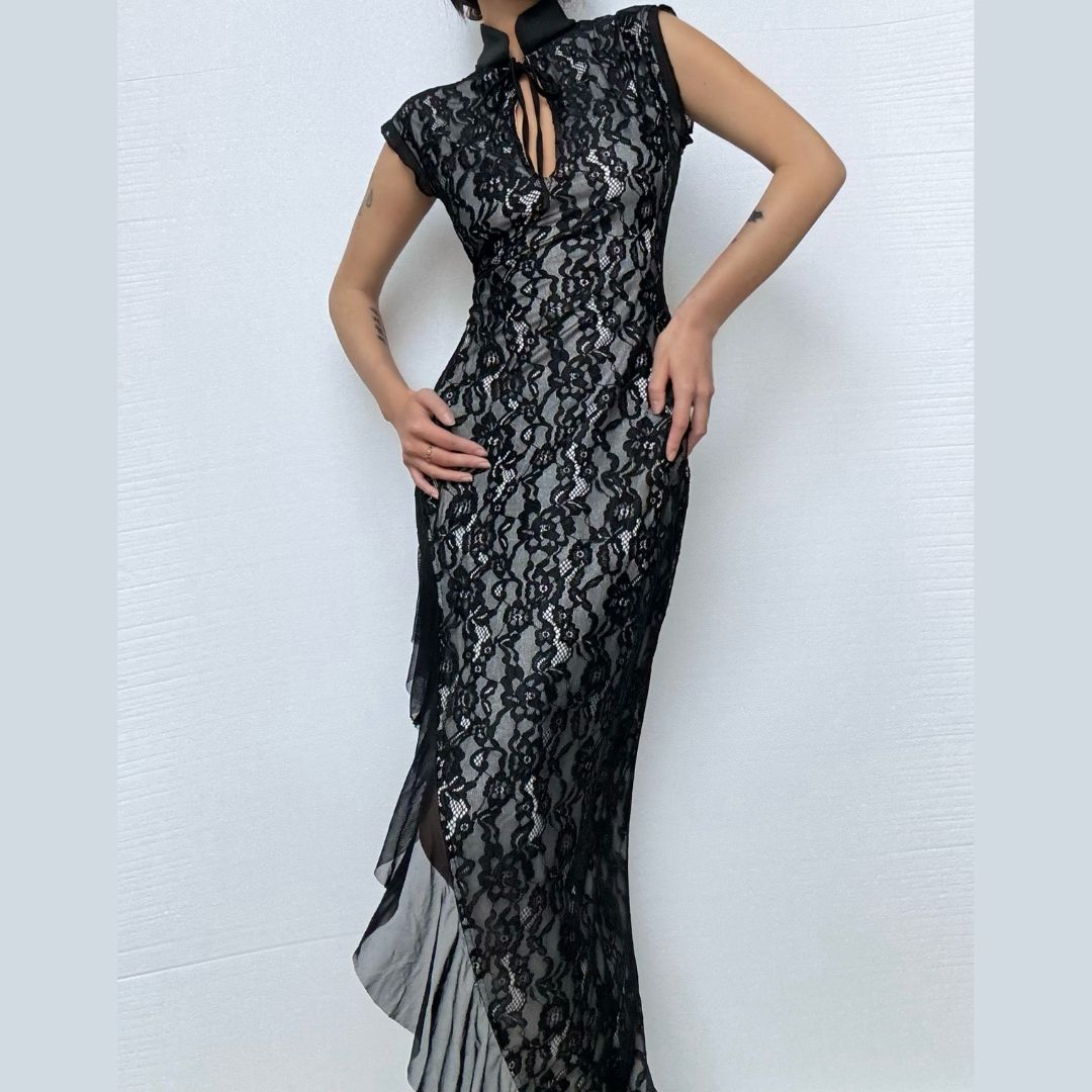Sophisticated Black Lace Cheongsam-Inspired Maxi Dress - Fall & Holiday Party Ready