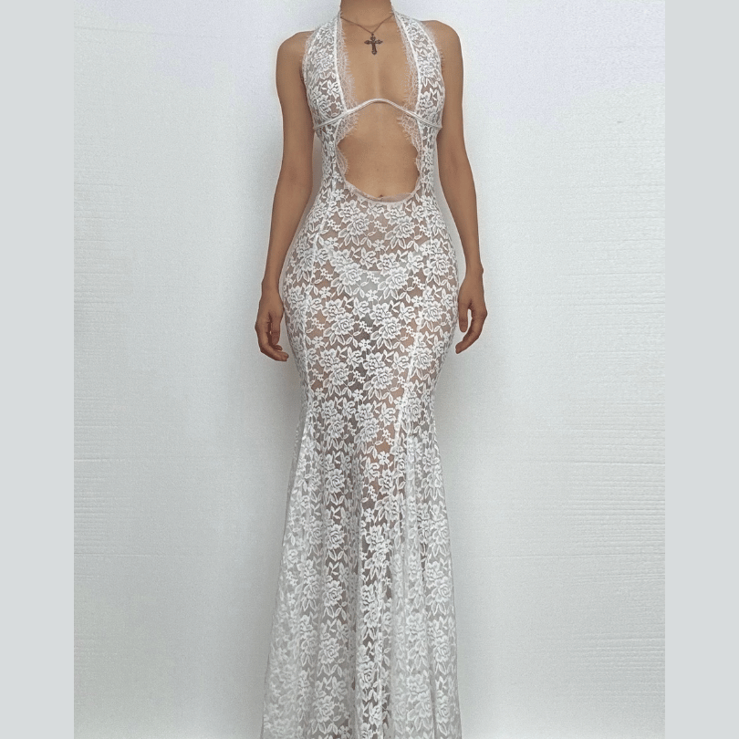 Daring White Lace Halter Cut-Out Maxi Dress - The Ultimate Statement for Fall Galas & Holiday Celebrations