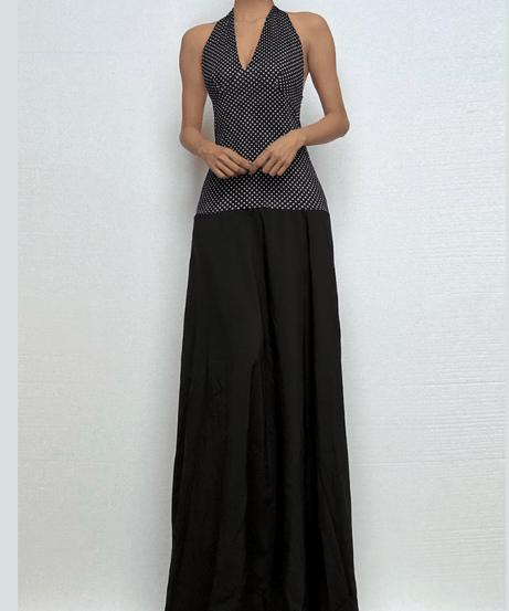 Elegant Polka Dot Halter V-Neck Maxi Dress - Fall Gala & Holiday Party Essential