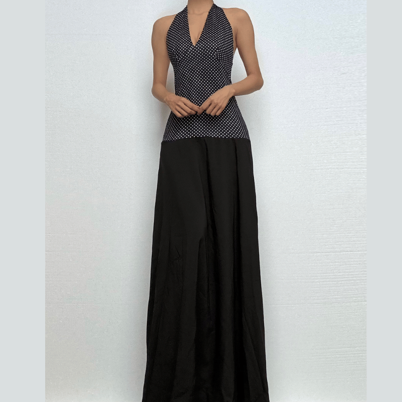 Elegant Polka Dot Halter V-Neck Maxi Dress - Fall Gala & Holiday Party Essential