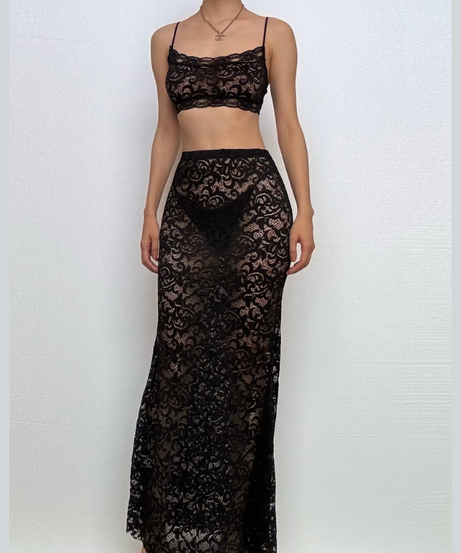 Bewitching Black Lace Sheer Maxi Set: Cami Crop Top & Skirt – Daring Style for Fall Nights & Holiday Glam