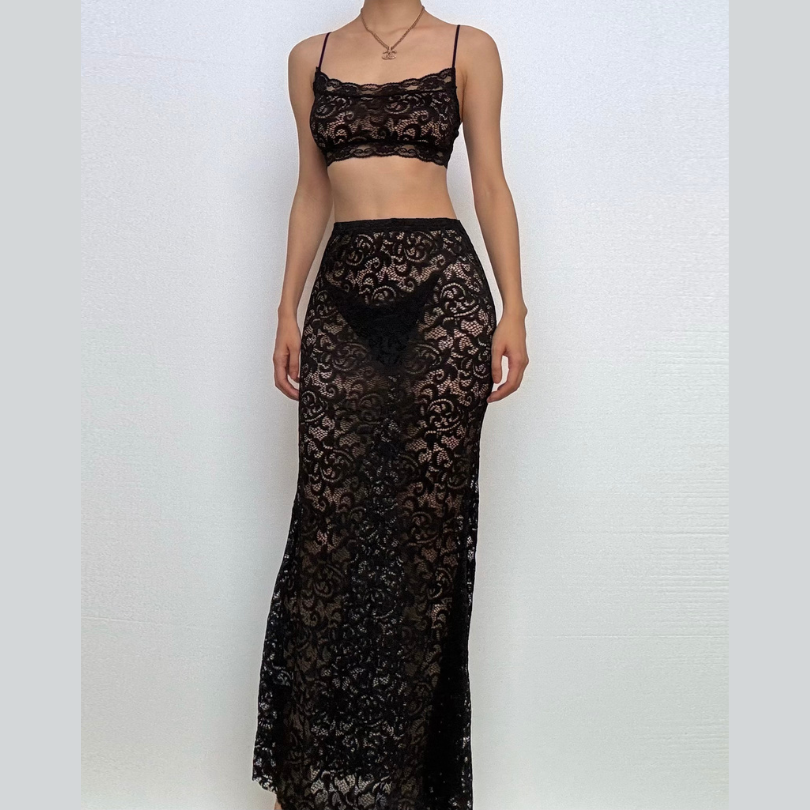 Bewitching Black Lace Sheer Maxi Set: Cami Crop Top & Skirt – Daring Style for Fall Nights & Holiday Glam