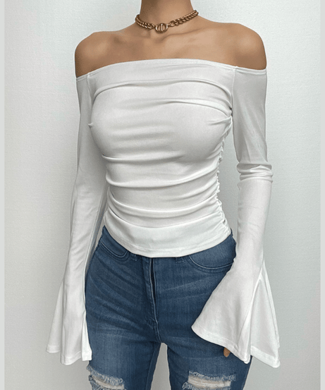 Effortless Fall Chic: Ribbed Off-Shoulder Ruched Top with Bell Sleeves