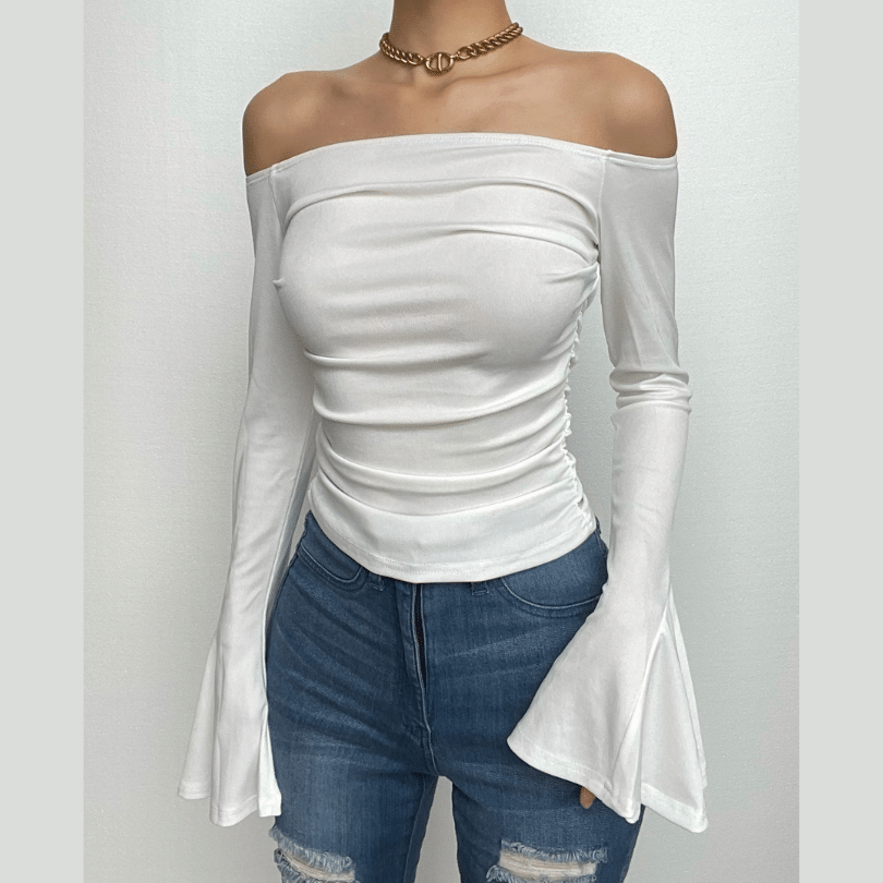 Effortless Fall Chic: Ribbed Off-Shoulder Ruched Top with Bell Sleeves