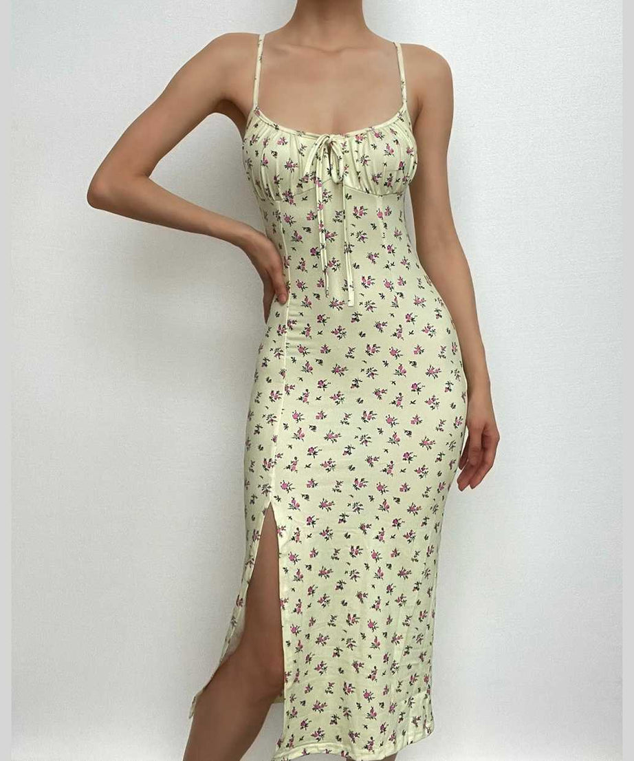 Romantic Blue Floral Midi Slip Dress with Slit - Sweetheart Neck, Perfect for Fall Dates & Resort Getaways