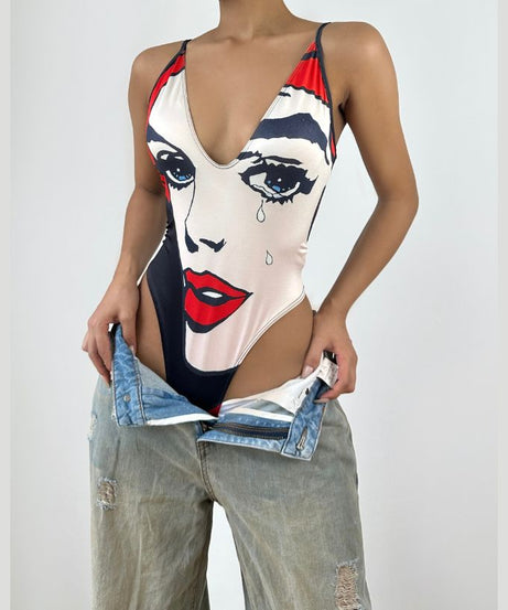 Iconic Pop Art 'Crying Face' V-Neck Bodysuit - Your Edgy Fall Fashion Statement
