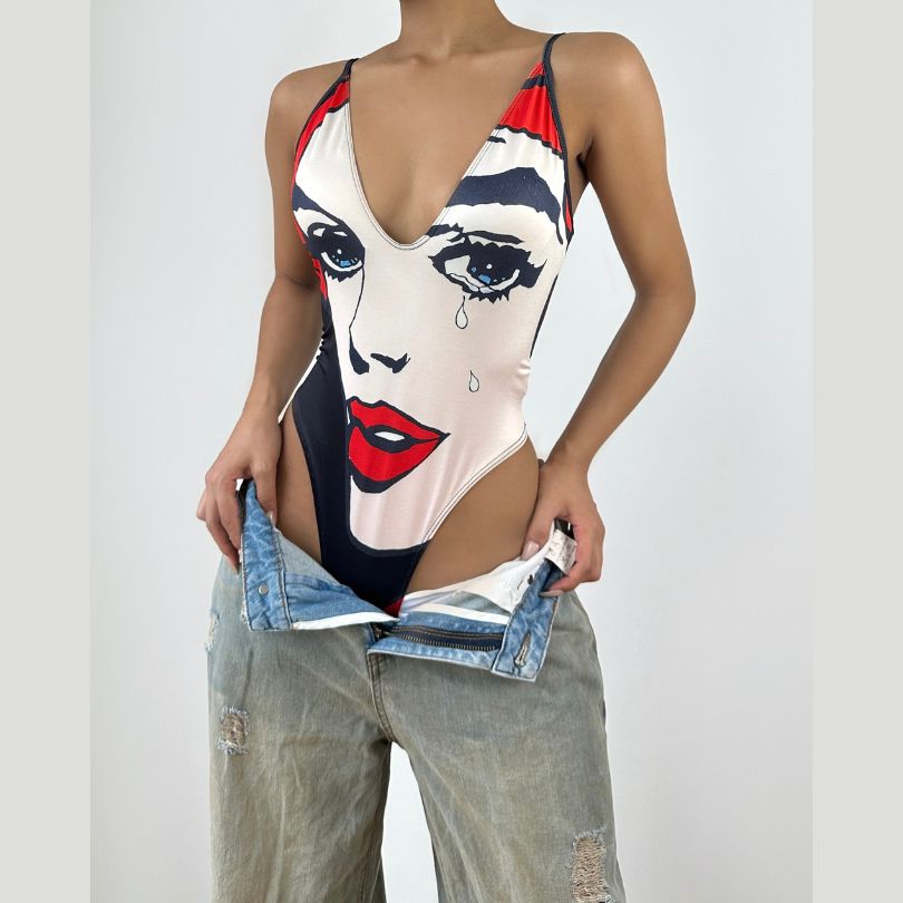 Iconic Pop Art 'Crying Face' V-Neck Bodysuit - Your Edgy Fall Fashion Statement