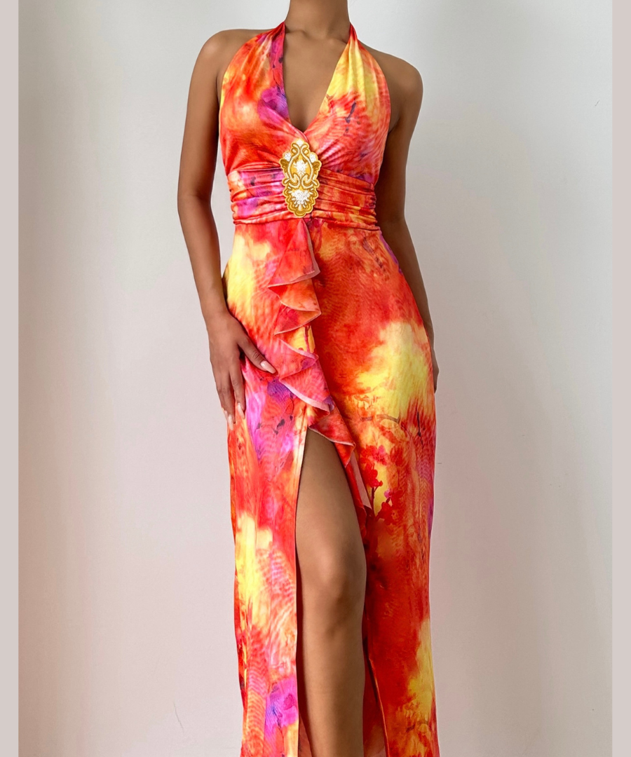 Sunset Serenity Halter Maxi Dress - Vibrant Tie-Dye with Slit for Resort & Holiday Getaways