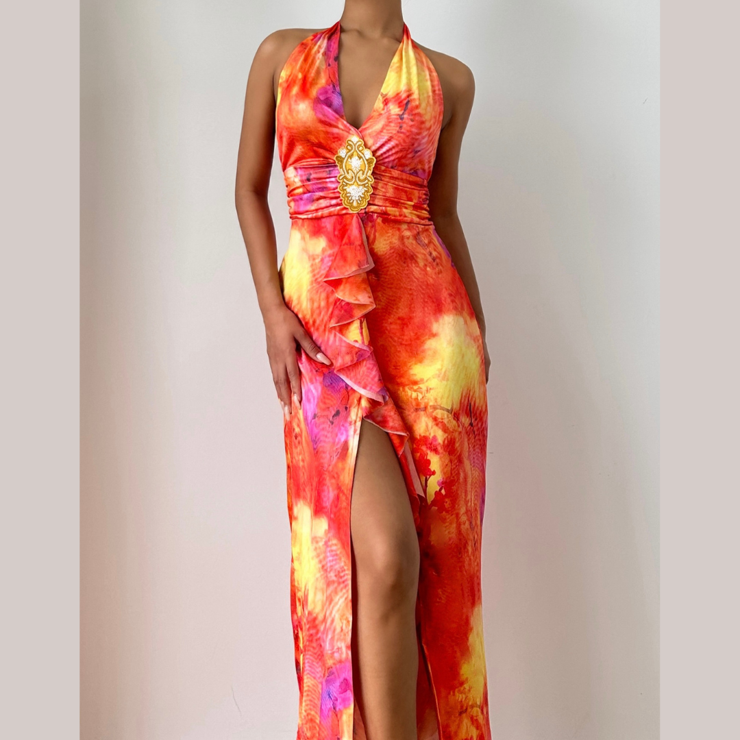 Sunset Serenity Halter Maxi Dress - Vibrant Tie-Dye with Slit for Resort & Holiday Getaways