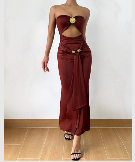 Glamorous Bronze Ruched Cut-Out Maxi Dress - Elegant Gold Medallion & Draped Slit | Fall & Holiday Event Ready