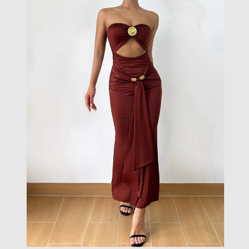 Glamorous Bronze Ruched Cut-Out Maxi Dress - Elegant Gold Medallion & Draped Slit | Fall & Holiday Event Ready