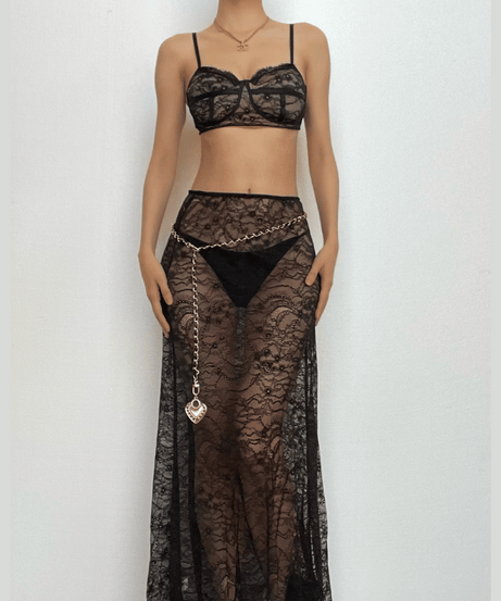 Sultry Black Lace Maxi Skirt & Bralette Set with Chain Belt - Daring Fall Nights & Halloween Chic