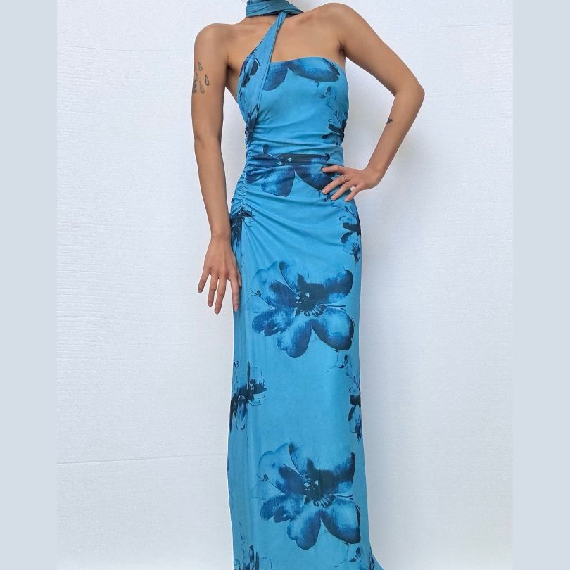 Vibrant Blue Floral Halter Maxi Dress – Your Chic Escape for Fall & Winter Celebrations