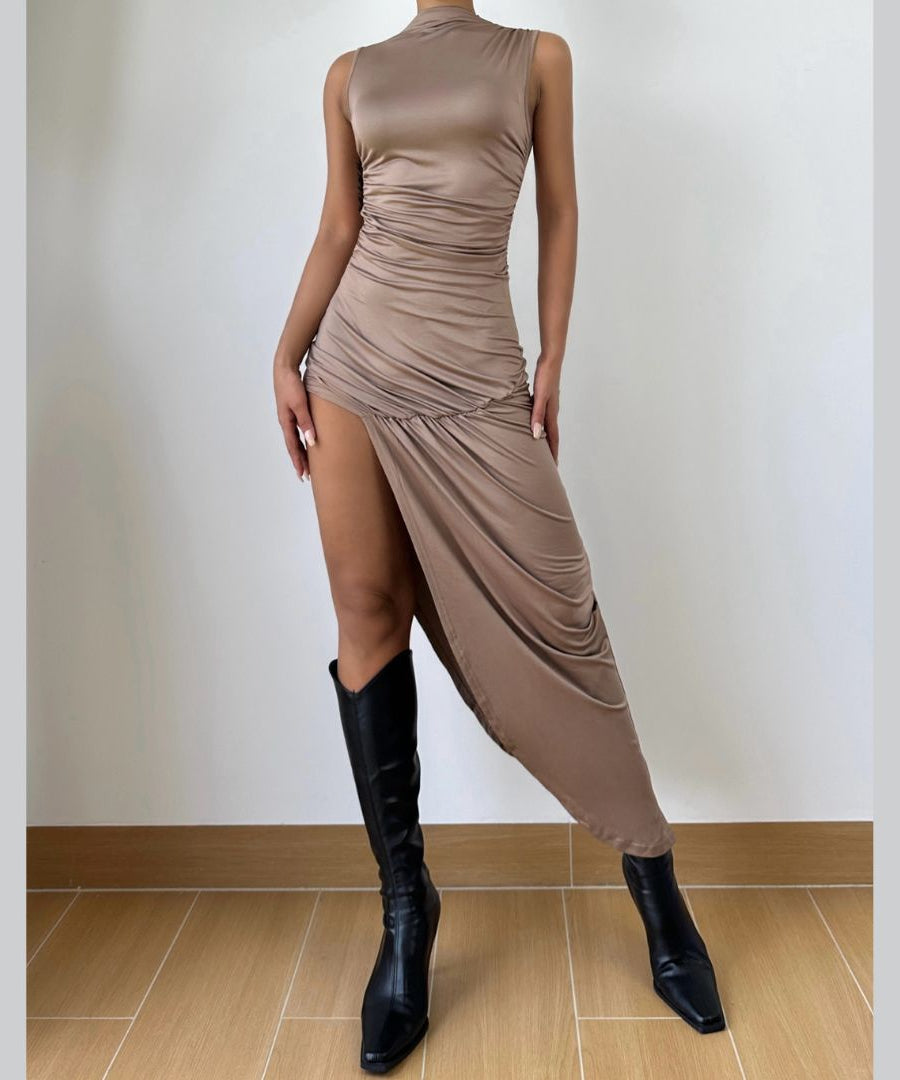 Sculpted & Chic: The Ruched High-Slit Mock Neck Midi Dress - Your Fall & Holiday Essential