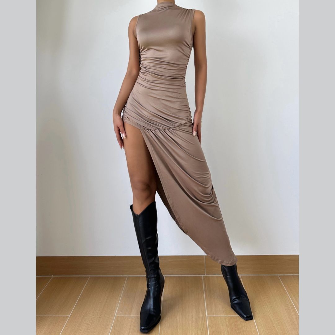 Sculpted & Chic: The Ruched High-Slit Mock Neck Midi Dress - Your Fall & Holiday Essential