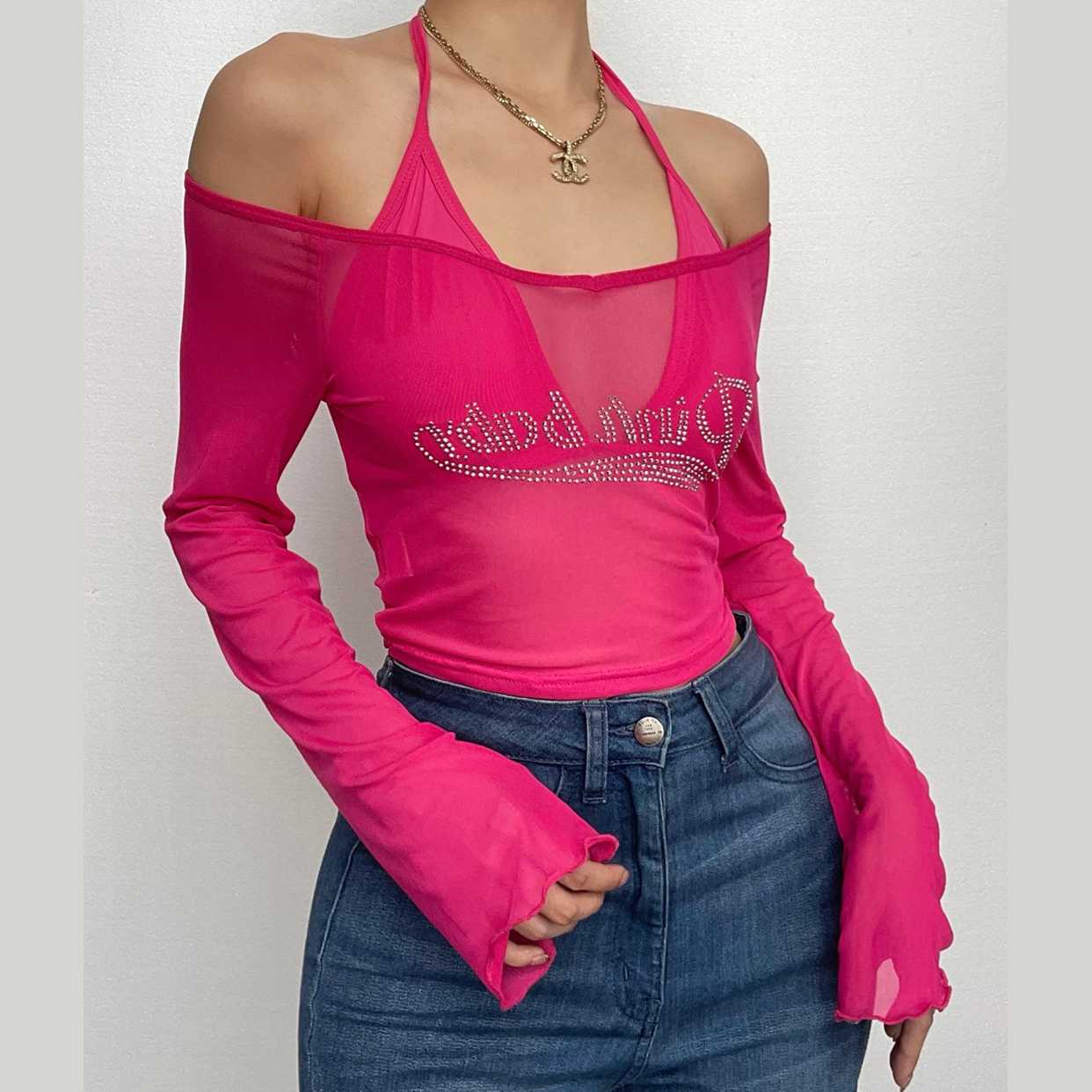 Y2K Glam "Pinkbaby" Rhinestone Mesh Halter Crop Top - Edgy Fall Party & Halloween Essential