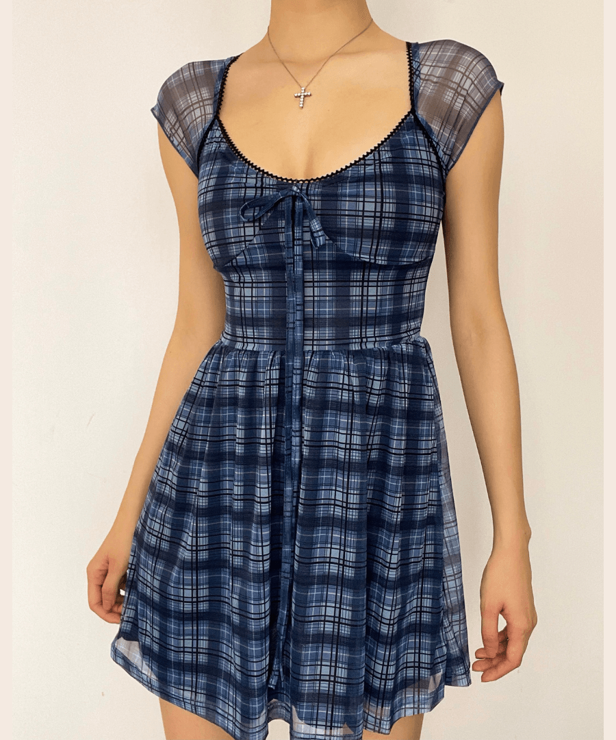 Chic Blue Plaid Mesh Mini Dress - Y2K Babydoll Style for Fall