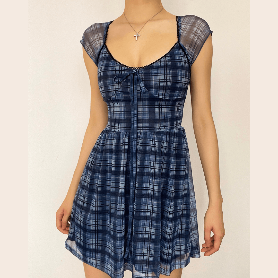 Chic Blue Plaid Mesh Mini Dress - Y2K Babydoll Style for Fall