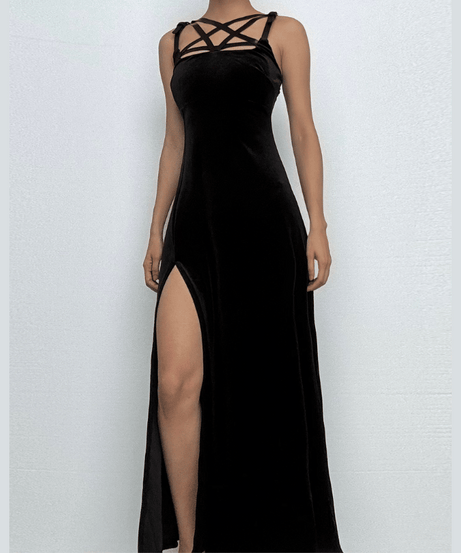 Midnight Velvet Maxi Dress with Star-Strap Neckline & High Slit - Fall & Holiday Party Glamour