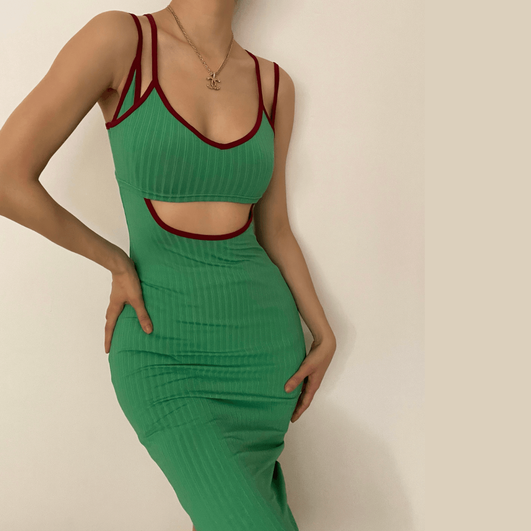 Fall & Holiday Ready: Chic Ribbed Cut-Out Midi Dress with Red Trim – Figure-Flattering Green