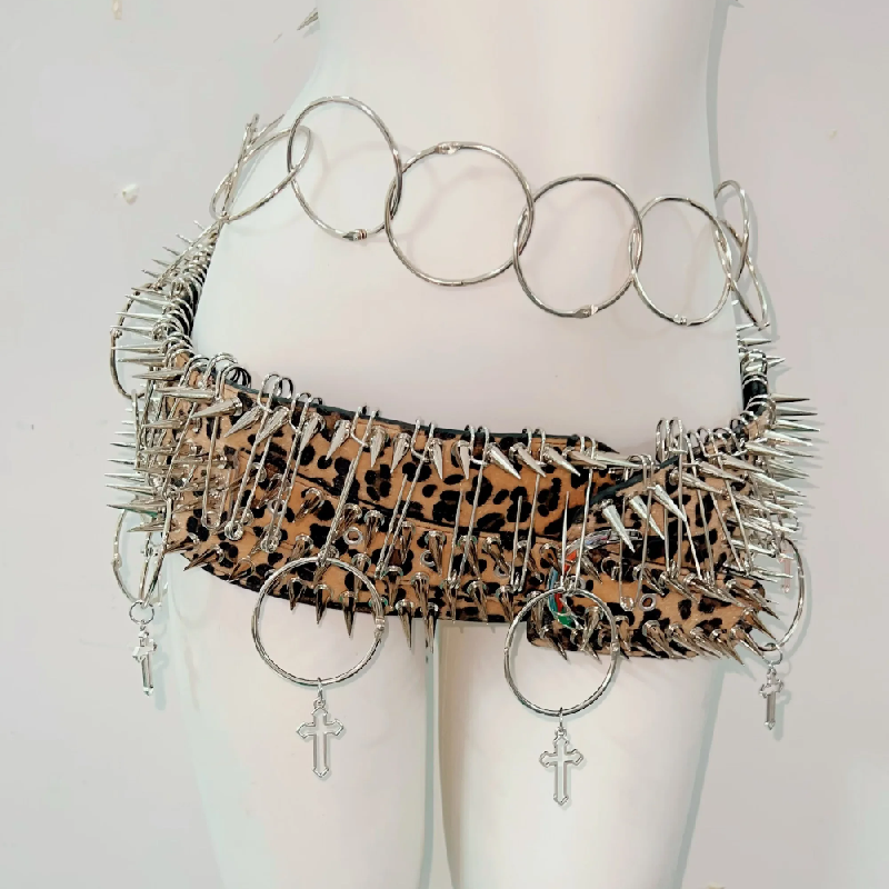 Untamed Edge Spiked Leopard Halter Top & Mini Skirt Set – Halloween Rave & Festival Ready