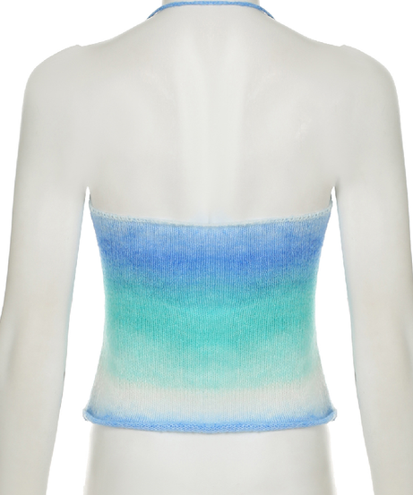Coastal Ombre Knit Halter Top | Sweetheart Tie-Front & Pearl Details