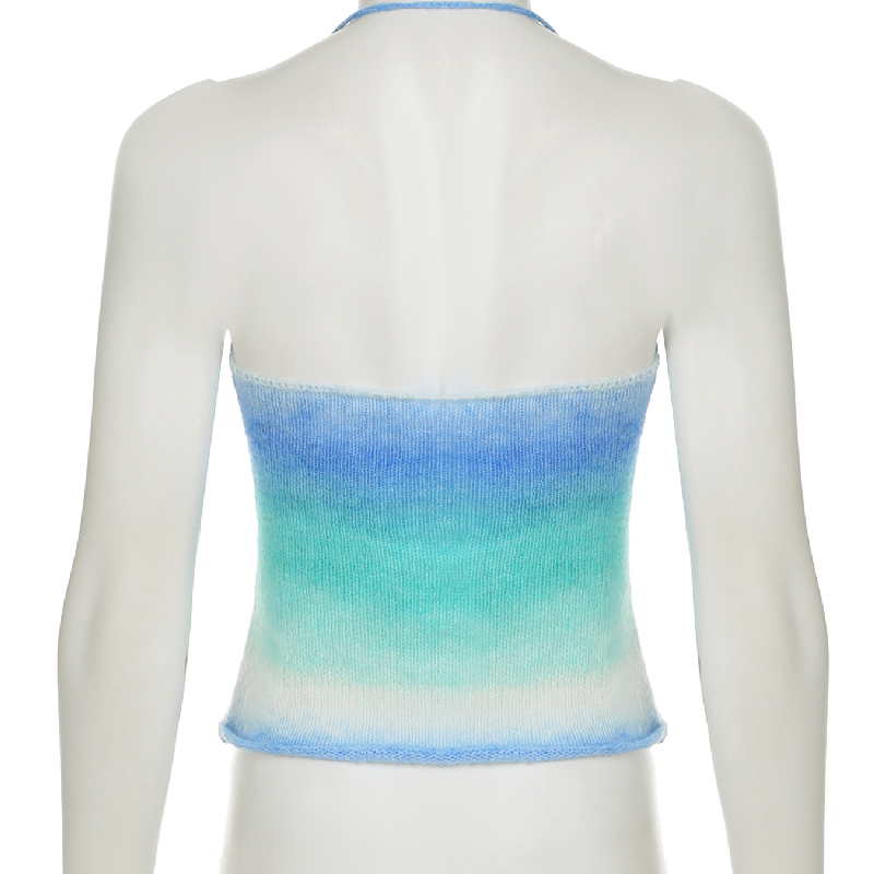 Coastal Ombre Knit Halter Top | Sweetheart Tie-Front & Pearl Details