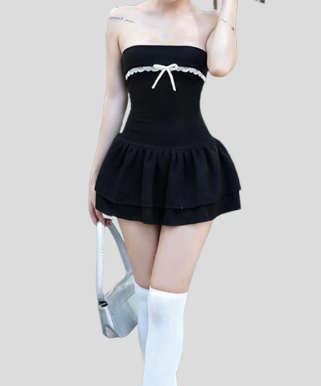 Flirty White Tube Mini Dress with Pink Lace & Bow - Tiered Ruffle Skirt for Parties & Vacations