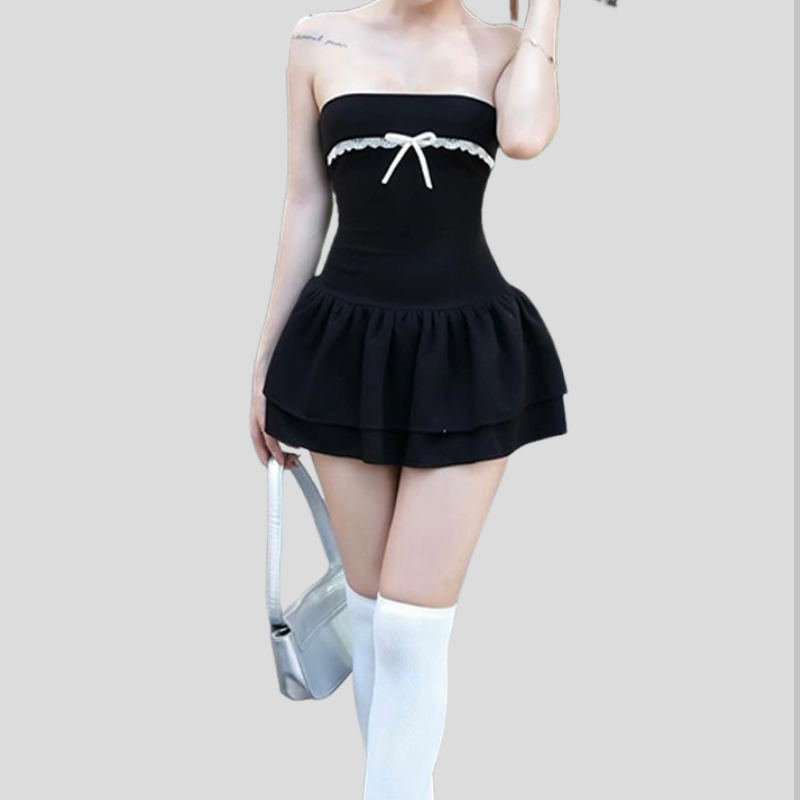 Flirty White Tube Mini Dress with Pink Lace & Bow - Tiered Ruffle Skirt for Parties & Vacations