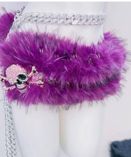 Spooky Chic Purple Fluffy Skull Rave Set | Edgy Halloween Costume & Festival Two-Piece