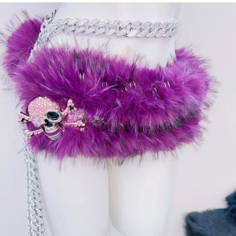 Spooky Chic Purple Fluffy Skull Rave Set | Edgy Halloween Costume & Festival Two-Piece