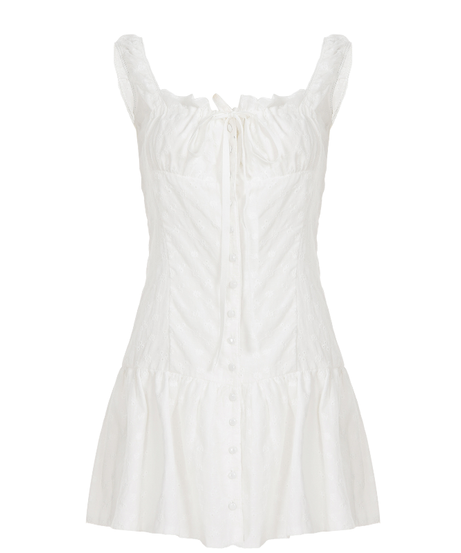 Flirty White Cotton Ruffle Mini Dress | Self-Tie Front & Button Details | Your Fall Getaway Essential