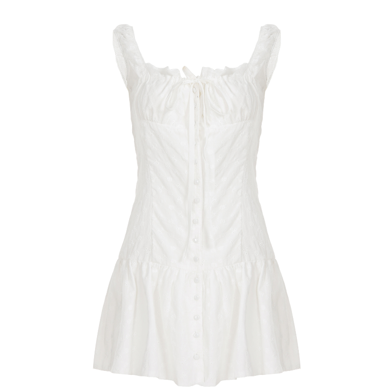 Flirty White Cotton Ruffle Mini Dress | Self-Tie Front & Button Details | Your Fall Getaway Essential