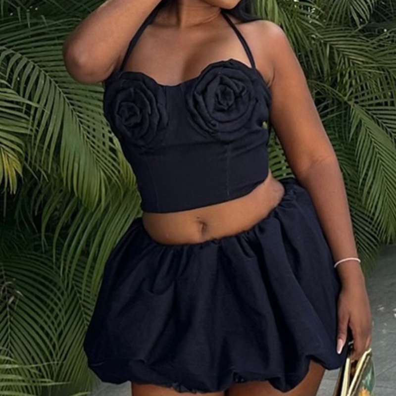 Chic Rose Applique Halter Crop Top & Bubble Mini Skirt Set - Fall Party Ready & Vacation Glam