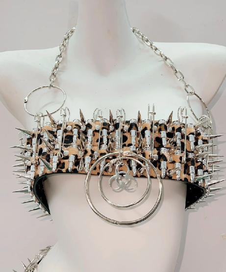 Untamed Edge Spiked Leopard Halter Top & Mini Skirt Set – Halloween Rave & Festival Ready