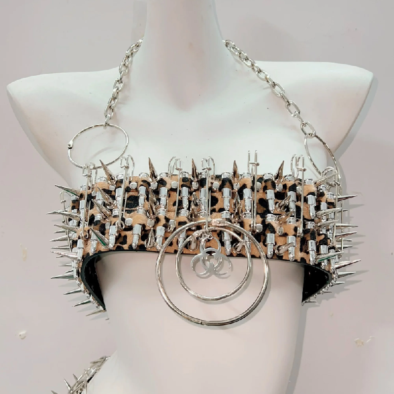 Untamed Edge Spiked Leopard Halter Top & Mini Skirt Set – Halloween Rave & Festival Ready