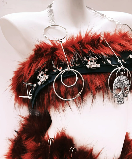 Fierce Faux Fur & Skull 'Dusk' Two-Piece Set: Edgy Halloween & Rave Ready for Women